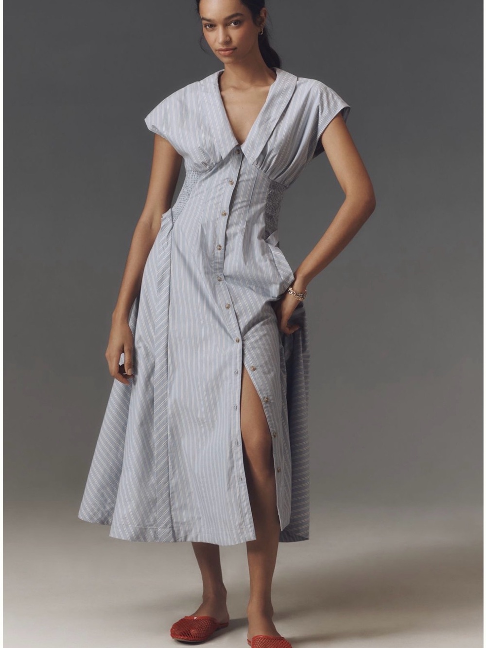 Anthropologie Light Blue Striped Button-Front Midi Dress - Picture 1 of 2